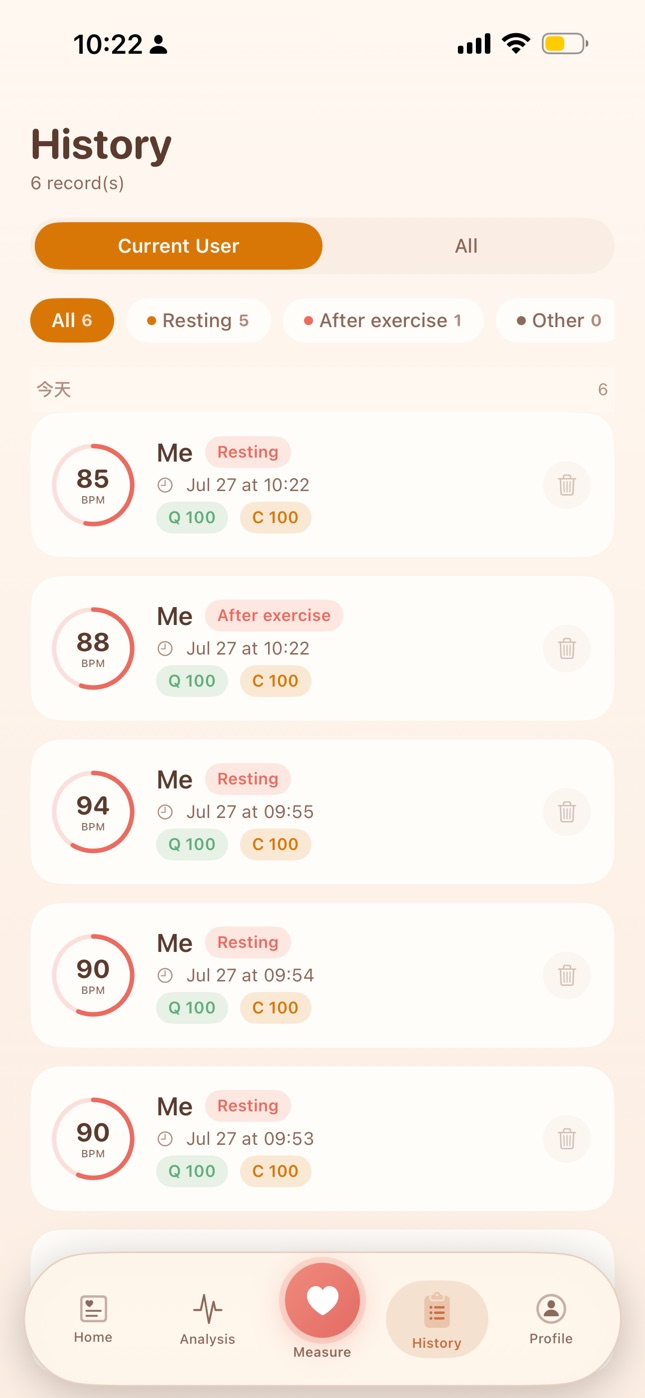 MonoPump history screen filtered by reading context