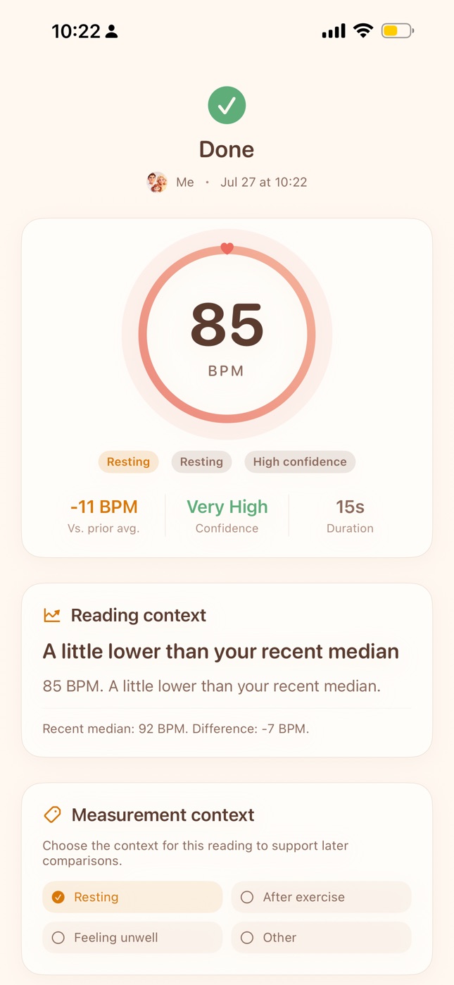 MonoPump result screen with pulse estimate, confidence, duration, and reading context